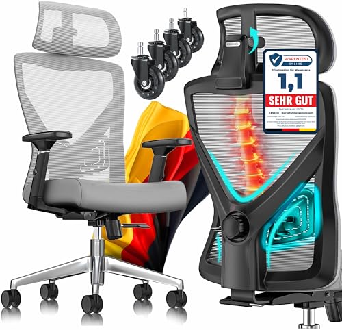 KESSER® Bürostuhl Ergonomisch mit verstellbaren Armlehnen | Drehstuhl mit Lendenwirbelstütze Rückenschonend | Schreibtischstuhl mit Kopfstütze | Office Chair Wippfunktion bis 125° mit 5X Gummirollen von KESSER