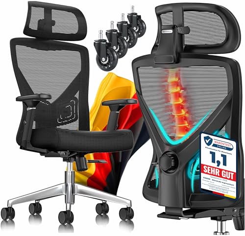 KESSER® Bürostuhl Ergonomisch mit verstellbaren Armlehnen | Drehstuhl mit Lendenwirbelstütze Rückenschonend | Schreibtischstuhl mit Kopfstütze | Office Chair Wippfunktion bis 125° mit 5X Gummirollen von KESSER