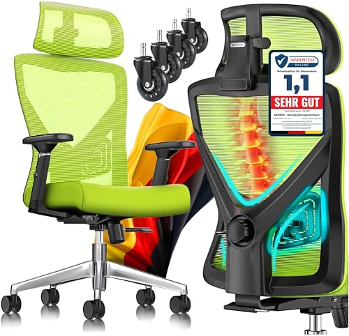 KESSER® Bürostuhl Ergonomisch mit verstellbaren Armlehnen | Drehstuhl mit Lendenwirbelstütze Rückenschonend | Schreibtischstuhl mit Kopfstütze | Office Chair Wippfunktion bis 125° mit 5X Gummirollen von KESSER
