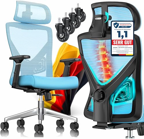 KESSER® Bürostuhl Ergonomisch mit verstellbaren Armlehnen | Drehstuhl mit Lendenwirbelstütze Rückenschonend | Schreibtischstuhl mit Kopfstütze | Office Chair Wippfunktion bis 125° mit 5X Gummirollen von KESSER