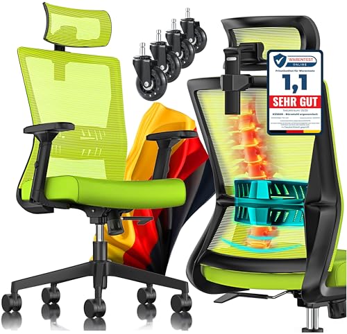 KESSER® Bürostuhl Ergonomisch mit verstellbaren Armlehnen | Drehstuhl mit Lendenwirbelstütze Rückenschonend | Schreibtischstuhl mit Kopfstütze | Office Chair Wippfunktion bis 125° mit 5X Gummirollen von KESSER