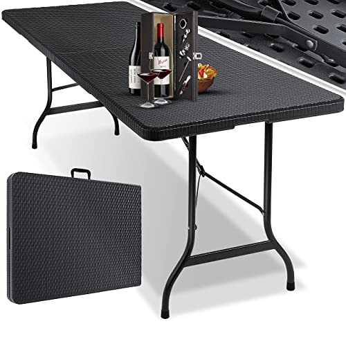 KESSER® Buffettisch Tisch klappbar Kunststoff 180x75 cm Rattan Optik Campingtisch Partytisch Klapptisch Gartentisch für Garten Terrasse und Balkon zusammenklappbar 6 Personen ink. Tragegriff Anthrazit von KESSER