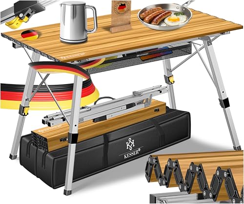 KESSER® Campingtisch faltbar Klapptisch mit Aluminiumrahmen Aufrollbare Tischplatte Falttisch klappbar Höhenverstellung 90x53cm - bis 50 kg inkl. Tragetasche mit Trageband & Netztasche, Holz-Optik von KESSER