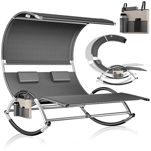 KESSER® Doppel-Sonnenliege Doppelliege mit Sonnendach, Kopfkissen Tasche für 2 Personen, Relaxliege, Gartenliege, Schaukelliege ergonomische Liegefläche, 240 kg Belastung, Seitentasche, Anthrait von KESSER