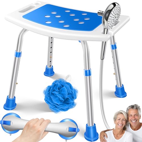 KESSER® Duschhocker höhenverstellbar | Leichter Badhocker rutschfeste Gummifüße Duschstuhl 136KG belastbar | Duschhilfe Senioren | Saugnapf Haltegriff Badewannengriff | Duschsitz mit Brausehalterung von KESSER