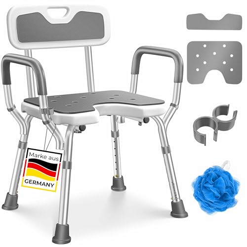 KESSER® Duschhocker mit Lehne für Senioren & Schwangere Duschsitz | Badhocker 150KG belastbar 6 Stufen 38-54cm höhenverstellbar | Duschhilfe Duschstuhl inkl. Antirutschfüße, Matten & Brausehalterung von KESSER