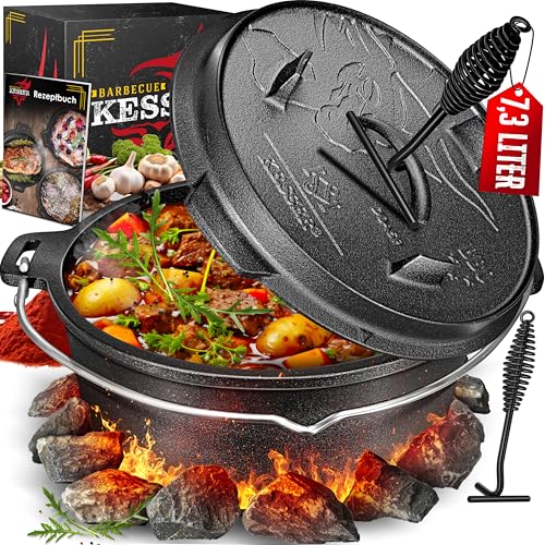 KESSER® Dutch Oven Set BBQ 7,3 Liter, Feuertopf Schmortopf mit Füßen, Gusseisen Topf mit Deckelheber Henkel und Schlitz für Themormeter, kochkessel Grilltopf Gulaschkessel für Oudoor & Indoor von KESSER