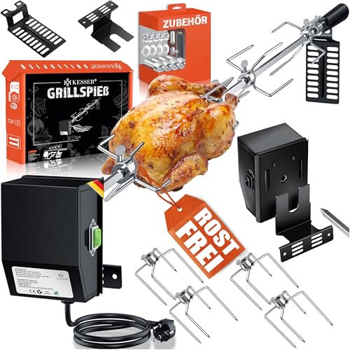 KESSER® Edelstahl Grillspieß Set 107cm passend für Weber Spirit Gasgrill, BBQ Fleischklammer, Griffstück und Motor Elektrischer Drehspieß 220V- 240V, Inkl. 4X Fleischnadeln und Montagezubehör Schwarz von KESSER