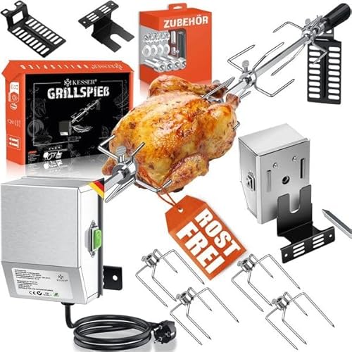KESSER® Edelstahl Grillspieß Set 107cm passend für Weber Spirit Gasgrill, BBQ Fleischklammer, Griffstück und Motor Elektrischer Drehspieß 220V - 240V, Inkl. 4X Fleischnadeln und Montagezubehör Silber von KESSER