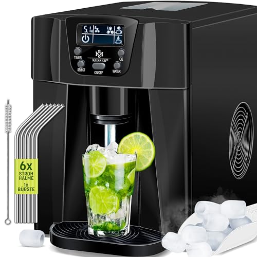 KESSER® Eiswürfelbereiter | Eiswürfelmaschine Edelstahl | 100W Ice Maker | 12 kg 24 h | 2 Würfelgrößen | Zubereitung in 6 min | 2 Liter Wassertank | Timer | LCD-Display | Wassertank Schwarz von KESSER