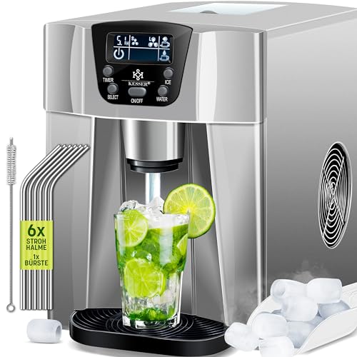 KESSER® Eiswürfelbereiter | Eiswürfelmaschine Edelstahl | 100W Ice Maker | 12 kg 24 h | 2 Würfelgrößen | Zubereitung in 6 min | 2 Liter Wassertank | Timer | LCD-Display Wassertank Silber von KESSER