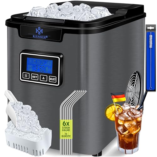 KESSER® Eiswürfelbereiter | Eiswürfelmaschine Edelstahl | 150W Ice Maker | 12 kg 24 h | 3 Würfelgrößen | Zubereitung in 7 min | 2,2 Liter Wassertank | Timer | LCD-Display | Anthrazit/Schwarz von KESSER