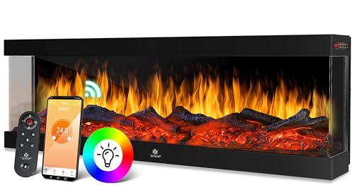 KESSER® Elektrokamin 3D Wandkamin Elektrischer 122cm Kamin mit Heizung 9 Farbmodi LED Flammeneffekt, 900/1800 W Kaminofen Wand und Einbaukamin Wandmontage App-Funktion Fernbedienung Schwarz von KESSER