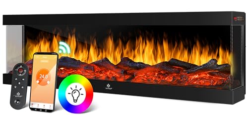 KESSER® Elektrokamin 3D Wandkamin Elektrischer 142cm Kamin mit Heizung 9 Farbmodi LED Flammeneffekt, 900/1800 W Kaminofen Wand und Einbaukamin Wandmontage Heizung App-Funktion Fernbedienung Schwarz von KESSER