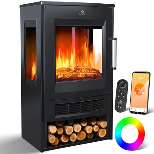 KESSER® Elektrokamin mit Heizung Panorama-Sichtfenster Heizlüfter 9 LED-Flammeneffekt Farbmodi Fernbedienung WiFi App 900/1800W Kaminfeuer elektrisch mit Thermostat Heizfunktion Timer von KESSER