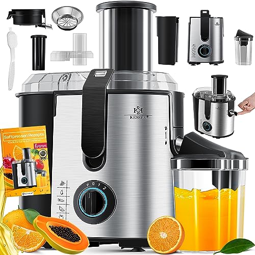 KESSER® Entsafter für Obst und Gemüse aus Edelstahl 1100W große 85 mm Einfüllöffnung inkl. Reinigungsbürste und Saftbehälter 3 Geschwindigkeitsstufen, Saftpresse Juicer, Silber von KESSER