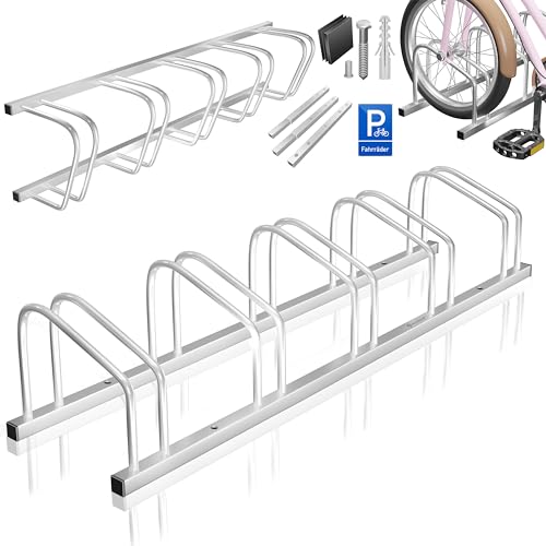 KESSER® Fahrradständer für 5 Fahrräder inkl. Parkschild | Mehrfachständer mit 37cm Radabstand für 30-65mm Reifenbreite | Fahrradhalter Aufstellständer für Boden- oder Wandmontage | Radständer Silber von KESSER