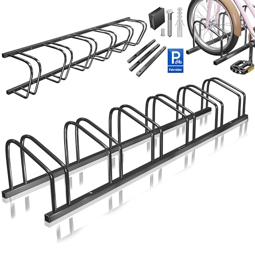 KESSER® Fahrradständer für 6 Fahrräder inkl. Parkschild | Mehrfachständer mit 37cm Radabstand für 30-65mm Reifenbreite | Fahrradhalter Aufstellständer für Boden- oder Wandmontage | Radständer Schwarz von KESSER