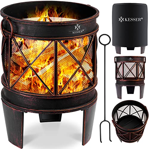 KESSER® Feuerschale Inkl. Abdeckung Feuerkorb mit Funkenschutz & Griffen + Schürhaken Feuerstelle 58 x 45 cm für Garten & Terrasse Metall Antik-Rost-Optik Multifunktional Fire Pit Heizung BBQ braun von KESSER