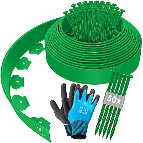 KESSER® Flexible Rasenkante aus Kunststoff Länge 10m Höhe 5cm, mit 50 Erdanker + 1 Paar Handschuhe, Beeteinfassung Beetumrandung Beetbegrenzung Mähkante Pflastersteine Palisade von KESSER