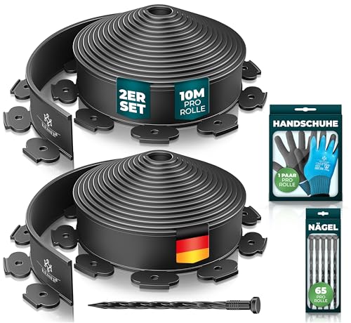 KESSER® Flexible Rasenkante aus Kunststoff Länge 20m Höhe 5cm, mit 130 Erdanker + 2 Paar Handschuhe Beeteinfassung Beetumrandung Beetbegrenzung Mähkante Pflastersteine Palisade - Schwarz von KESSER