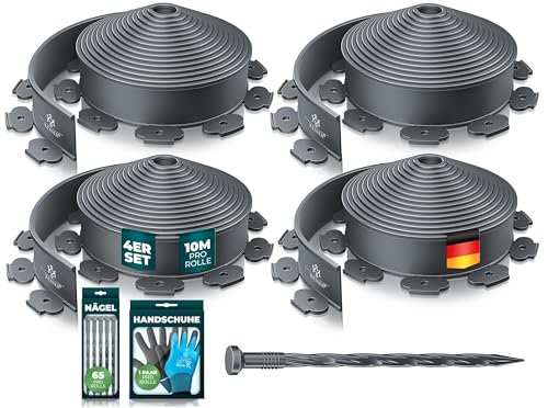 KESSER® Flexible Rasenkante aus Kunststoff Länge 40m Höhe 5cm, mit 260 Erdanker + 4 Paar Handschuhe Beeteinfassung Beetumrandung Beetbegrenzung Mähkante Pflastersteine Palisade - Anthrazit von KESSER