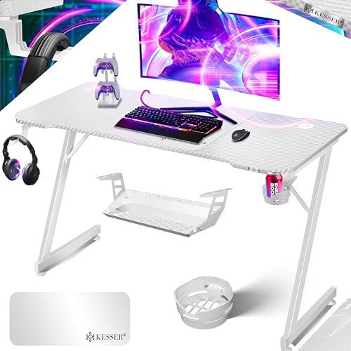 KESSER® Gaming Tisch 140cm x 60cm | Z-Form Gamer Schreibtisch | Kopfhörerhaken & Kohlebeschichtung | Ergonomischer PC Computertisch | Stabiler Tisch mit Getränkehalter Weiß von KESSER
