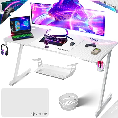 KESSER® Gaming Tisch 160cm x 60cm | Z-Form Gamer Schreibtisch | Kopfhörerhaken & Kohlebeschichtung | Ergonomischer PC Computertisch | Stabiler Tisch mit Getränkehalter Weiß von KESSER