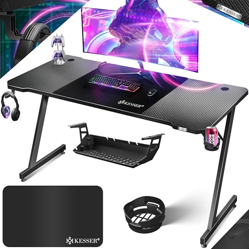 KESSER® Gaming Tisch 180cm x 80cm | Z-Form Gamer Schreibtisch | Kopfhörerhaken & Kohlebeschichtung | Ergonomischer PC Computertisch | Stabiler Tisch mit Getränkehalter Schwarz von KESSER