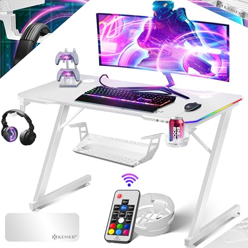 KESSER® Gaming Tisch LED 120cm x 60cm | Z-Form Gamer Schreibtisch | Kopfhörerhaken & Kohlebeschichtung | Ergonomischer PC Computertisch | Stabiler Tisch mit Getränkehalter Weiß von KESSER