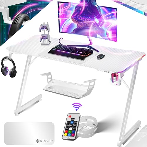 KESSER® Gaming Tisch LED 140cm x 60cm | Z-Form Gamer Schreibtisch | Kopfhörerhaken & Kohlebeschichtung | Ergonomischer PC Computertisch | Stabiler Tisch & Getränkehalter Weiß von KESSER