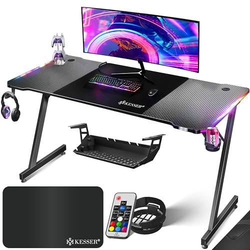 KESSER® Gaming Tisch LED 160cm x 60cm | Z-Form Gamer Schreibtisch | Kopfhörerhaken & Kohlebeschichtung | Ergonomischer PC Computertisch | Stabiler Tisch mit Getränkehalter Schwarz von KESSER