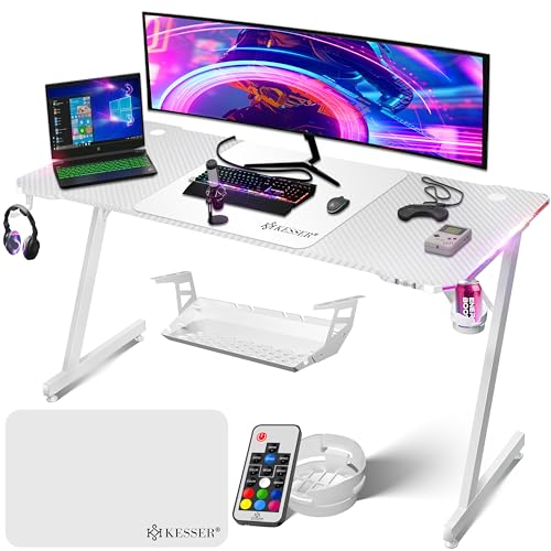 KESSER® Gaming Tisch LED 160cm x 60cm | Z-Form Gamer Schreibtisch | Kopfhörerhaken & Kohlebeschichtung | Ergonomischer PC Computertisch | Stabiler Tisch mit Getränkehalter Weiß von KESSER