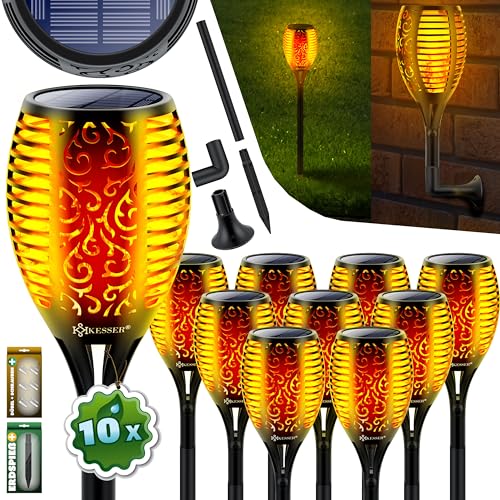 KESSER® Gartenfackel Solar 10er Set Solarleuchten 96 LEDs Flamme mit Wandhalterung + Erdspieß Licht-Sensor Wetterfest Garten Solarleuchte Fackel Lichter LED Gartenlampe Solarlampe Flammenlicht von KESSER
