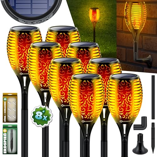 KESSER® Gartenfackel Solar 8er Set Solarleuchten 96 LEDs Flamme mit Wandhalterung + Erdspieß Licht-Sensor Wetterfest Garten Solarleuchte Fackel Lichter LED Gartenlampe Solarlampe Flammenlicht von KESSER