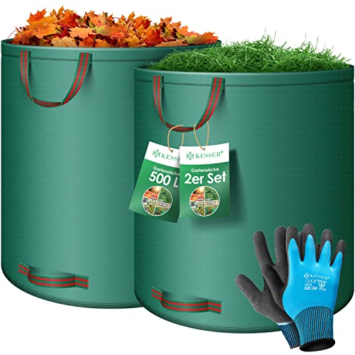 KESSER® Gartensack 2x 500L Set Laubsack Gartenabfallsack inkl. Handschuhe - Selbststehend 4 Griffe Stabil Robust & Faltbar - Laubsäcke Rasenschnitt Gartensäcke für Gartenabfälle Grünschnitt Grün von KESSER