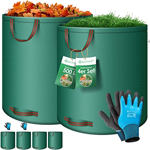 KESSER® Gartensack 4x 500L Set Laubsack Gartenabfallsack inkl. Handschuhe - Selbststehend 4 Griffe Stabil Robust & Faltbar - Laubsäcke Rasenschnitt Gartensäcke für Gartenabfälle Grünschnitt Grün von KESSER