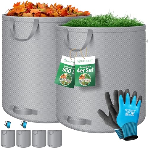 KESSER® Gartensack 4x 500L Set Laubsack Gartenabfallsack inkl. Handschuhe - Selbststehend 4 Griffe Stabil Robust & Faltbar - Laubsäcke Rasenschnitt Gartensäcke für Gartenabfälle Grünschnitt Grau von KESSER