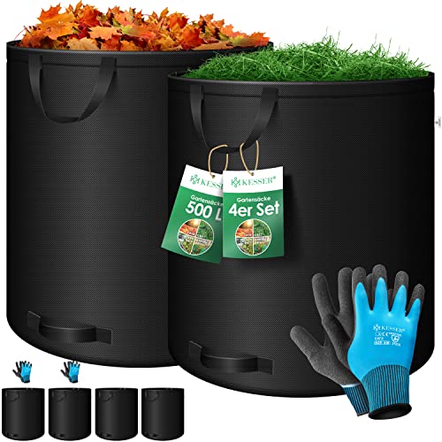 KESSER® Gartensack 4x 500L Set Laubsack Gartenabfallsack inkl. Handschuhe - Selbststehend 4 Griffe Stabil Robust & Faltbar - Laubsäcke Rasenschnitt Gartensäcke für Gartenabfälle Grünschnitt Schwarz von KESSER