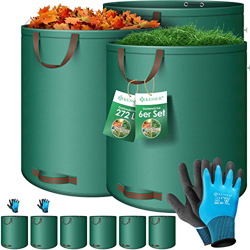 KESSER® Gartensack 6x 272L Set Laubsack Gartenabfallsack inkl. Handschuhe - Selbststehend 4 Griffe Stabil Robust & Faltbar - Laubsäcke Rasenschnitt Gartensäcke für Gartenabfälle Grünschnitt Grün von KESSER