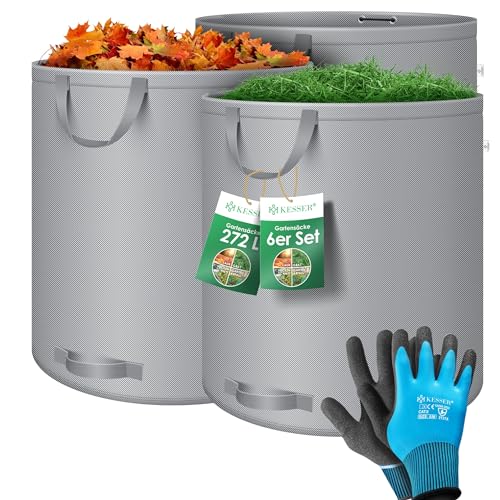 KESSER® Gartensack 6x 272L Set Laubsack Gartenabfallsack inkl. Handschuhe - Selbststehend 4 Griffe Stabil Robust & Faltbar - Laubsäcke Rasenschnitt Gartensäcke für Gartenabfälle Grünschnitt Grau von KESSER