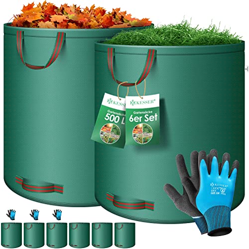 KESSER® Gartensack 6x 500L Set Laubsack Gartenabfallsack inkl. Handschuhe - Selbststehend 4 Griffe Stabil Robust & Faltbar - Laubsäcke Rasenschnitt Gartensäcke für Gartenabfälle Grünschnitt Grün von KESSER