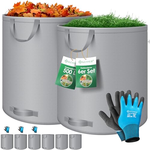 KESSER® Gartensack 6x 500L Set Laubsack Gartenabfallsack inkl. Handschuhe - Selbststehend 4 Griffe Stabil Robust & Faltbar - Laubsäcke Rasenschnitt Gartensäcke für Gartenabfälle Grünschnitt Grau von KESSER