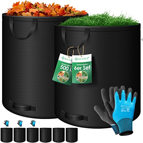KESSER® Gartensack 6x 500L Set Laubsack Gartenabfallsack inkl. Handschuhe - Selbststehend 4 Griffe Stabil Robust & Faltbar - Laubsäcke Rasenschnitt Gartensäcke für Gartenabfälle Grünschnitt Schwarz von KESSER