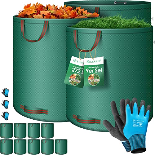 KESSER® Gartensack 9x 272L Set Laubsack Gartenabfallsack inkl. Handschuhe - Selbststehend 4 Griffe Stabil Robust & Faltbar - Laubsäcke Rasenschnitt Gartensäcke für Gartenabfälle Grünschnitt Grün von KESSER