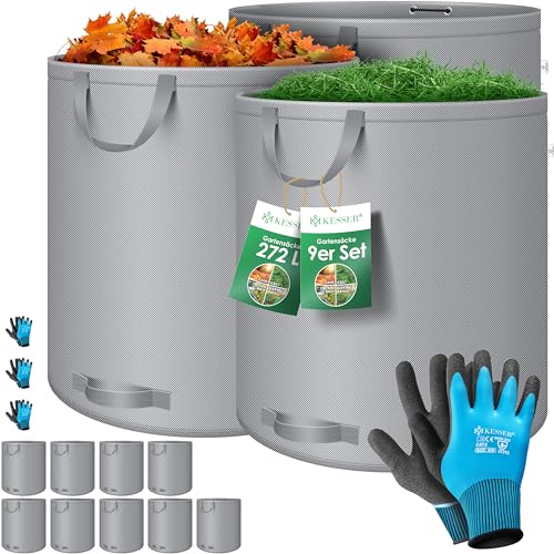 KESSER® Gartensack 9X 272L Set Laubsack Gartenabfallsack inkl. Handschuhe - Selbststehend 4 Griffe Stabil Robust & Faltbar - Laubsäcke Rasenschnitt Gartensäcke für Gartenabfälle Grünschnitt Grau von KESSER