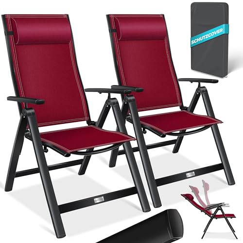 KESSER® Gartenstuhl Hochlehner mit Armlehnen 2er Set Aluminium Klappstuhl mit Kopfkissen & Abdeckung Campingstuhl 7-Fach Verstellbar Rückenlehne Atmungsaktiv Wetterfest Klappbar Anti-Rutsch, Bordeaux von KESSER