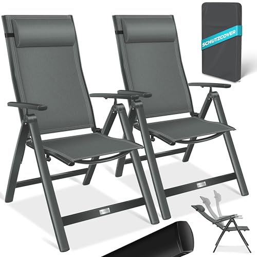 KESSER® Gartenstuhl Hochlehner mit Armlehnen 2er Set Aluminium Klappstuhl mit Kopfkissen & Abdeckung Campingstuhl 7-Fach Verstellbar Rückenlehne Atmungsaktiv Wetterfest Klappbar Anti-Rutsch, Anthrazit von KESSER