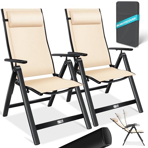 KESSER® Gartenstuhl Hochlehner mit Armlehnen 2er Set Aluminium Klappstuhl mit Kopfkissen & Abdeckung Campingstuhl 7-Fach Verstellbar Rückenlehne Atmungsaktiv Wetterfest Klappbar Anti-Rutsch, Beige von KESSER