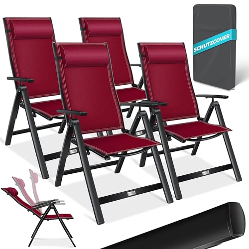 KESSER® Gartenstuhl Hochlehner mit Armlehnen 4er Set Aluminium Klappstuhl mit Kopfkissen & Abdeckung Campingstuhl 7-Fach Verstellbar Rückenlehne Atmungsaktiv Wetterfest Klappbar Anti-Rutsch, Bordeaux von KESSER